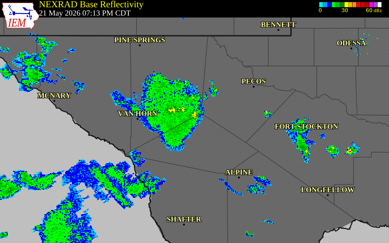 NEXRAD radar during the Thursday, May 21, 2026 storm activity in Culberson County, Texas