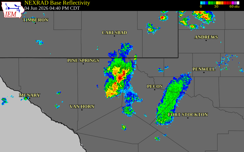 NEXRAD radar during the Thursday, June 4, 2026 storm activity in Culberson County, Texas