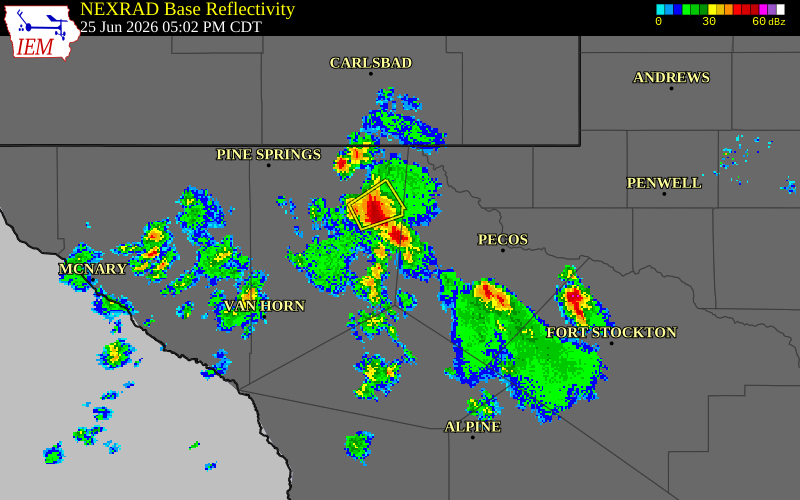 NEXRAD radar during the Thursday, June 25, 2026 storm activity in Culberson County, Texas