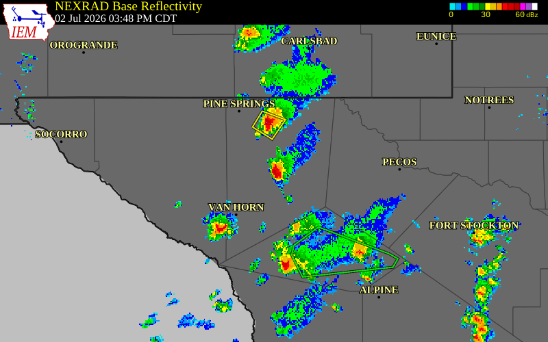 NEXRAD radar during the Thursday, July 2, 2026 storm activity in Culberson County, Texas