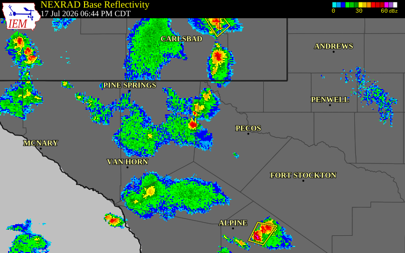 NEXRAD radar during the Friday, July 17, 2026 storm activity in Culberson County, Texas