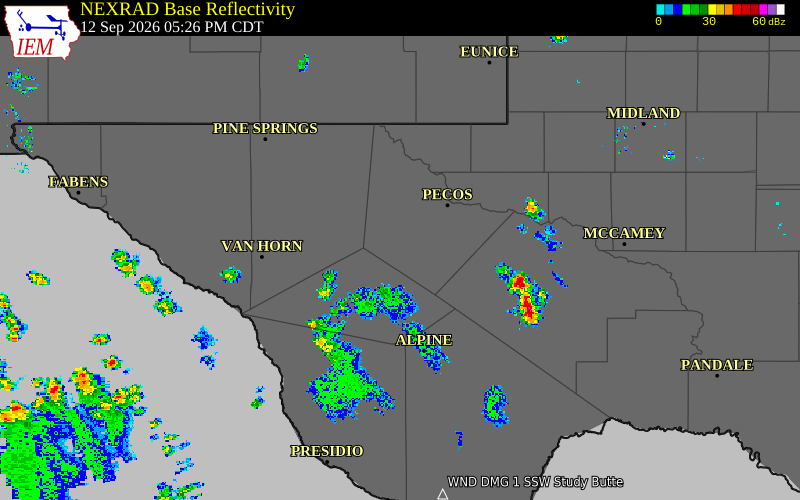 Current NEXRAD radar over Culberson County, Texas with recent storm report locations