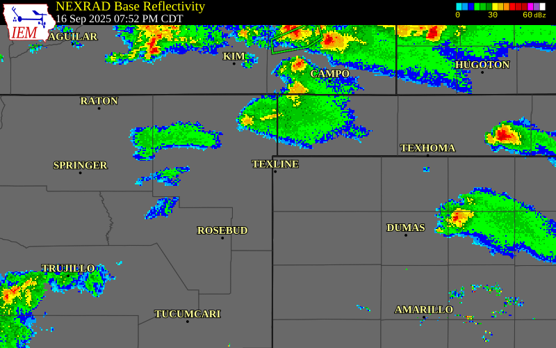NEXRAD radar during the Tuesday, September 16, 2025 storm activity in Dallam County, Texas