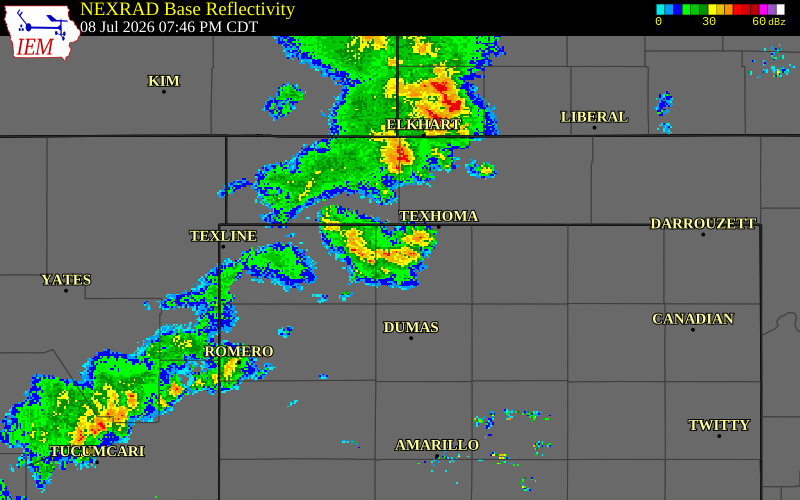 NEXRAD radar during the Wednesday, July 8, 2026 storm activity in Dallam County, Texas