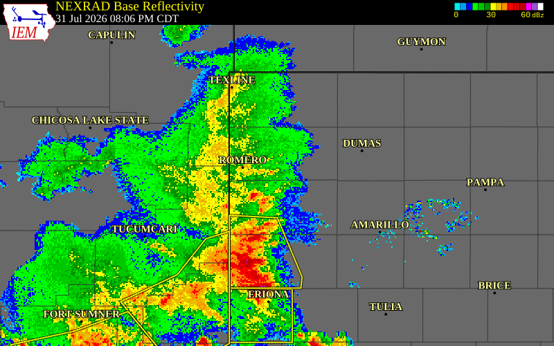 NEXRAD radar during the Friday, July 31, 2026 storm activity in Dallam County, Texas