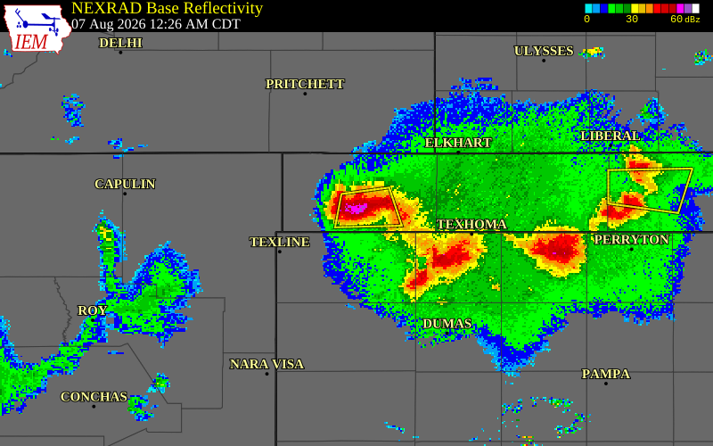 NEXRAD radar during the Friday, August 7, 2026 storm activity in Dallam County, Texas