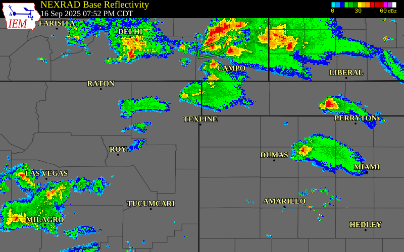 Radar snapshot during the Sep 16, 2025 hail event near 1 SE Texline, Dallam County, Texas, with NWS warning polygons
