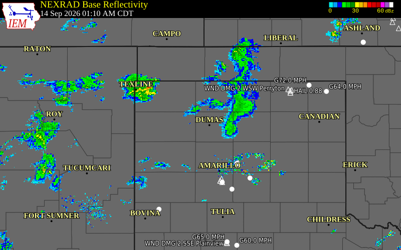 Current NEXRAD radar over Dallam County, Texas with recent storm report locations