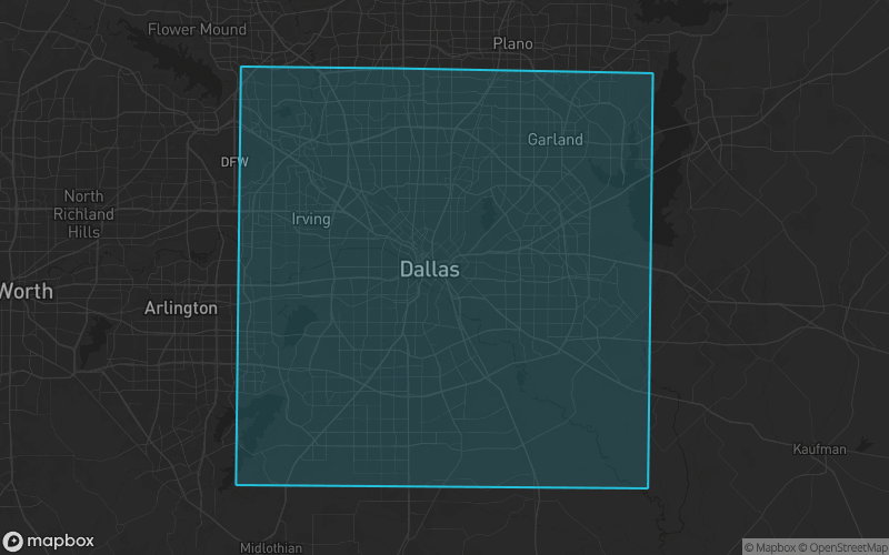Map of Dallas County, Texas showing the county boundary and surrounding cities