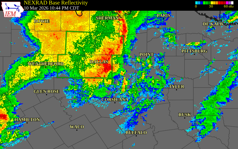 NEXRAD radar during the Tuesday, March 10, 2026 storm activity in Dallas County, Texas