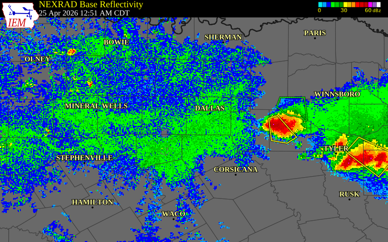NEXRAD radar during the Saturday, April 25, 2026 storm activity in Dallas County, Texas