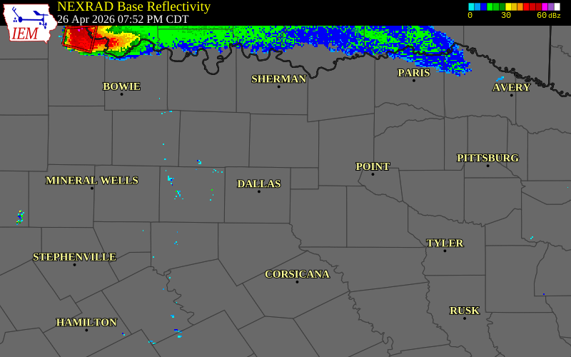 NEXRAD radar during the Sunday, April 26, 2026 storm activity in Dallas County, Texas