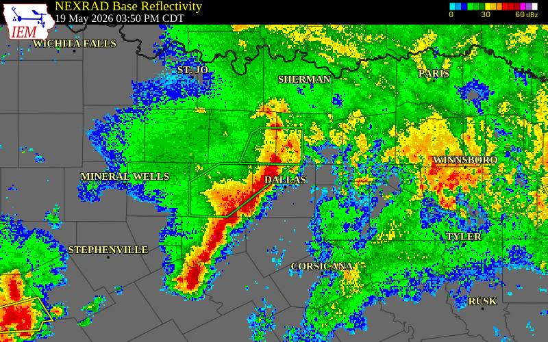 NEXRAD radar during the Tuesday, May 19, 2026 storm activity in Dallas County, Texas
