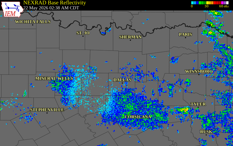 NEXRAD radar during the Friday, May 22, 2026 storm activity in Dallas County, Texas