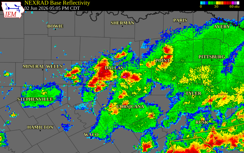 NEXRAD radar during the Tuesday, June 2, 2026 storm activity in Dallas County, Texas
