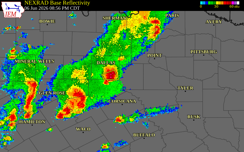 NEXRAD radar during the Saturday, June 6, 2026 storm activity in Dallas County, Texas
