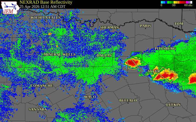 Radar snapshot during the Apr 25, 2026 hail event near 4 WSW Cockrell Hill, Dallas County, Texas, with NWS warning polygons