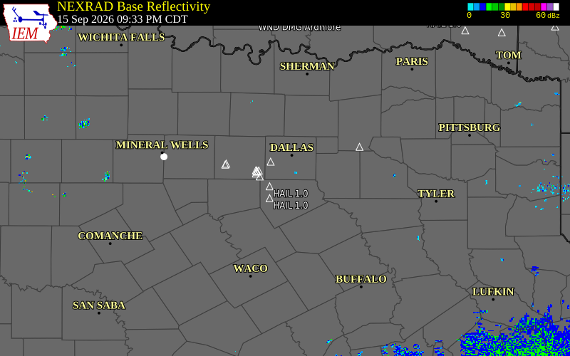 Current NEXRAD radar over Dallas County, Texas with recent storm report locations
