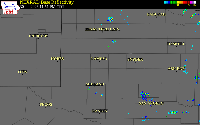 Radar snapshot during the Jul 30, 2026 wind event near 2 SSE Lamesa, Dawson County, Texas, with NWS warning polygons