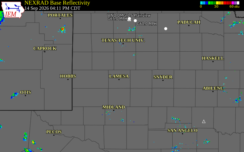 Current NEXRAD radar over Dawson County, Texas with recent storm report locations