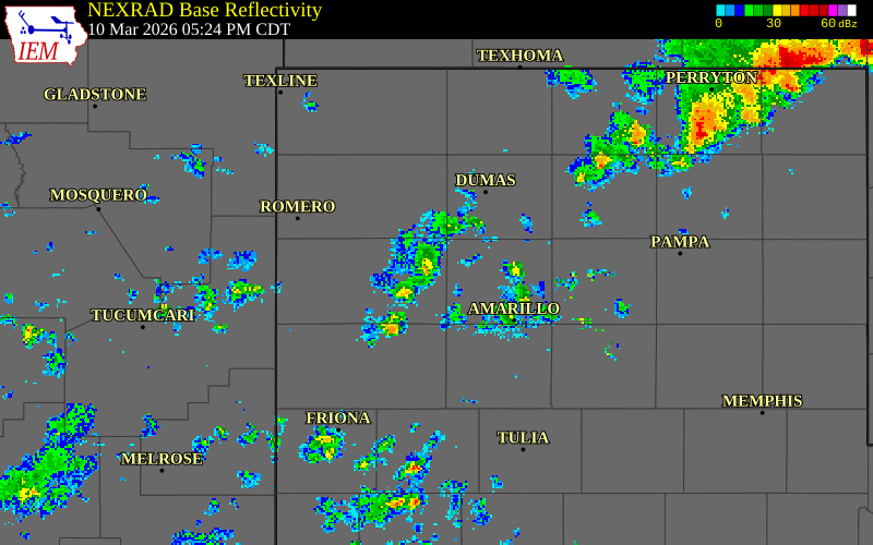 NEXRAD radar during the Tuesday, March 10, 2026 storm activity in Deaf Smith County, Texas