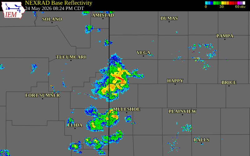 NEXRAD radar during the Sunday, May 24, 2026 storm activity in Deaf Smith County, Texas