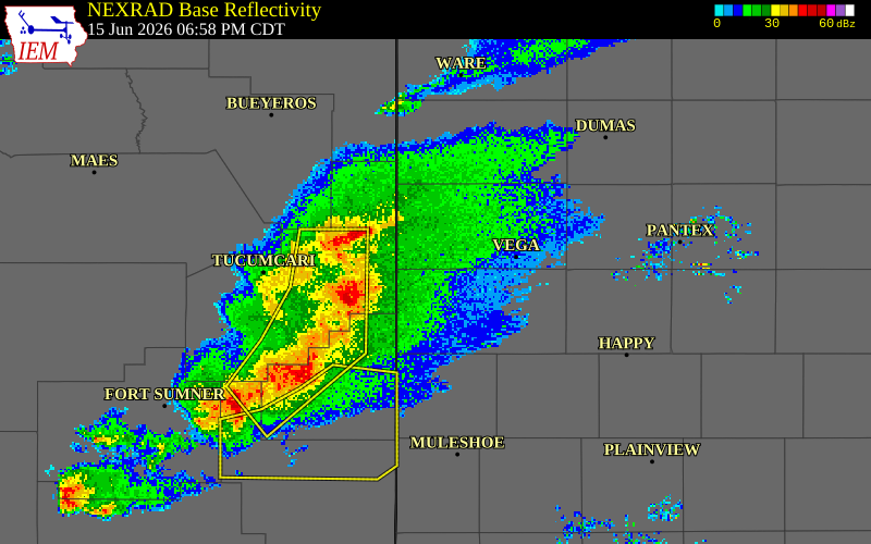 NEXRAD radar during the Monday, June 15, 2026 storm activity in Deaf Smith County, Texas