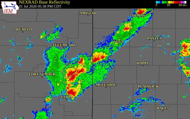 NEXRAD radar during the Wednesday, July 1, 2026 storm activity in Deaf Smith County, Texas