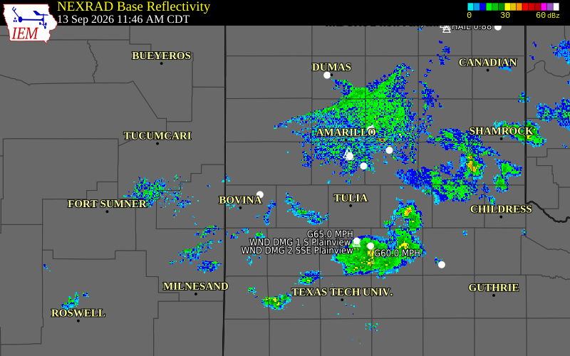 Current NEXRAD radar over Deaf Smith County, Texas with recent storm report locations