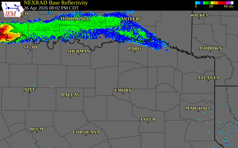 NEXRAD radar during the Sunday, April 26, 2026 storm activity in Delta County, Texas
