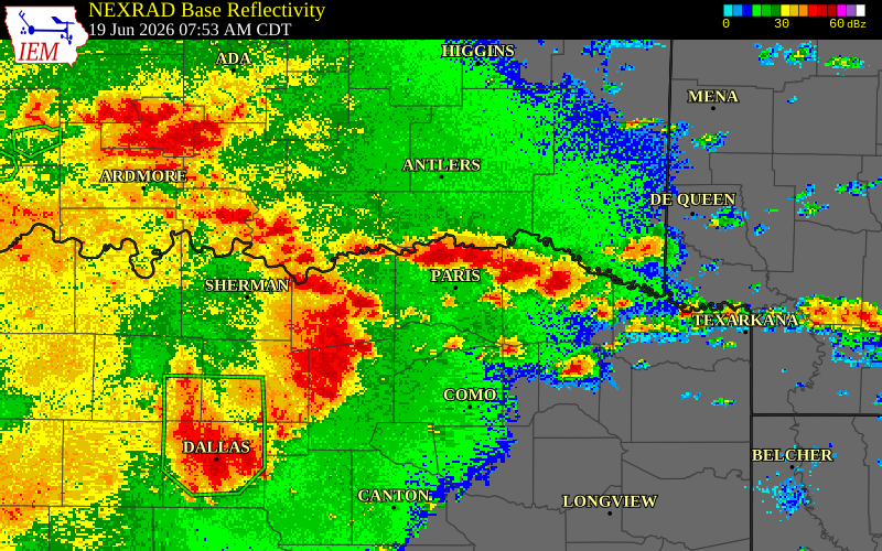 NEXRAD radar during the Friday, June 19, 2026 storm activity in Delta County, Texas