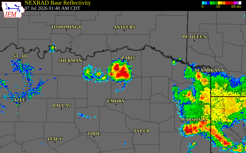 NEXRAD radar during the Tuesday, July 7, 2026 storm activity in Delta County, Texas