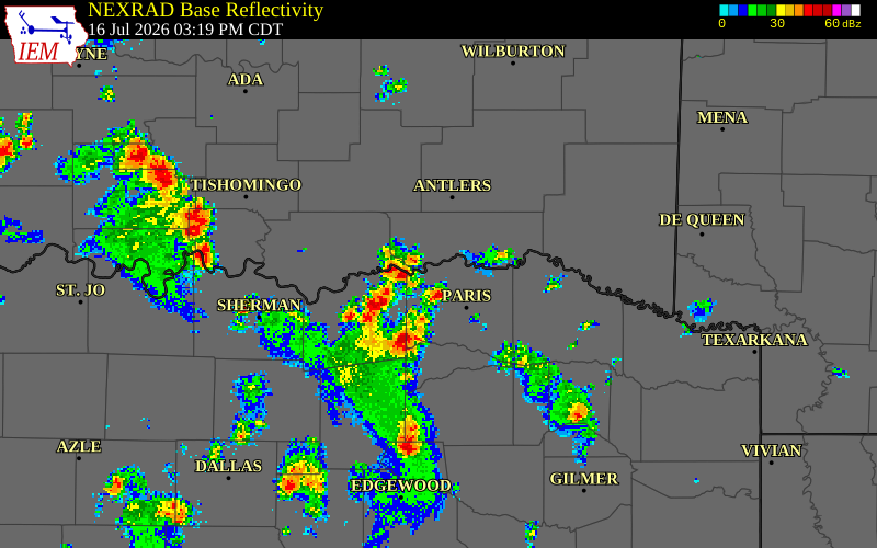 NEXRAD radar during the Thursday, July 16, 2026 storm activity in Delta County, Texas