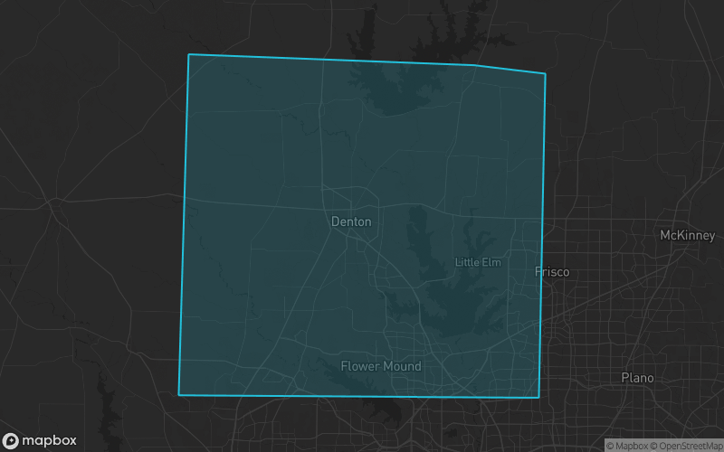 Map of Denton County, Texas showing the county boundary and surrounding cities