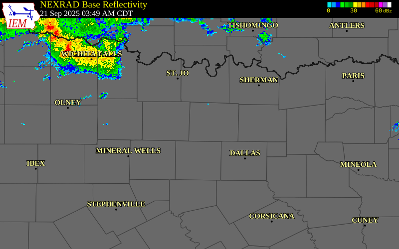 NEXRAD radar during the Sunday, September 21, 2025 storm activity in Denton County, Texas