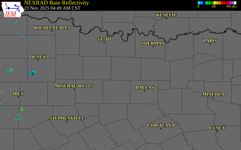 NEXRAD radar during the Sunday, November 23, 2025 storm activity in Denton County, Texas