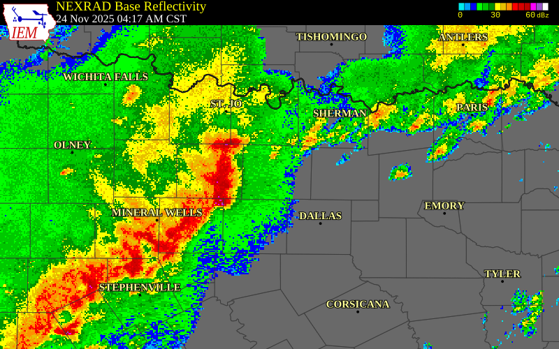 NEXRAD radar during the Monday, November 24, 2025 storm activity in Denton County, Texas