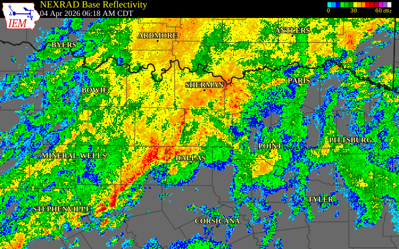 NEXRAD radar during the Saturday, April 4, 2026 storm activity in Denton County, Texas