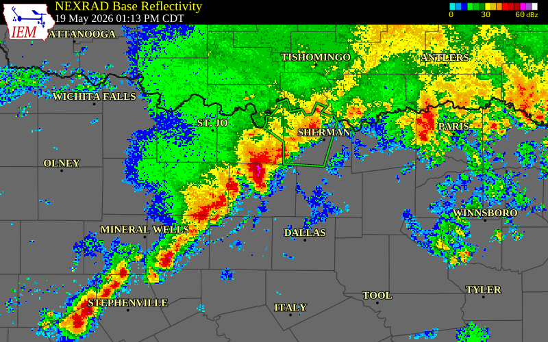 NEXRAD radar during the Tuesday, May 19, 2026 storm activity in Denton County, Texas