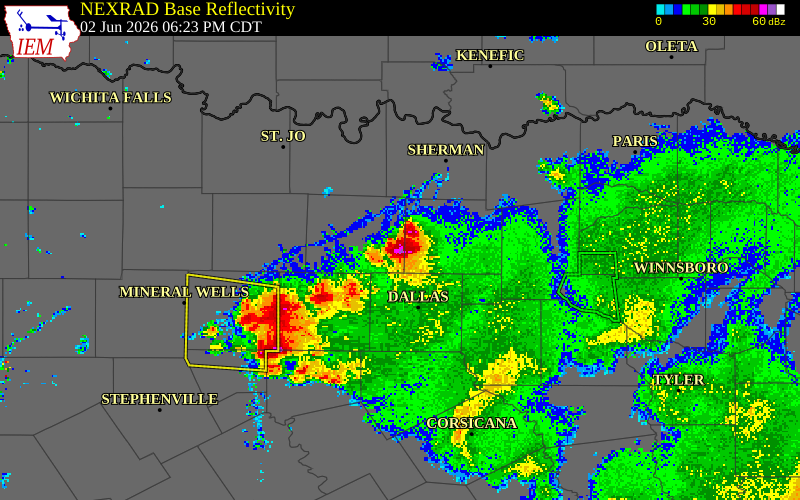 NEXRAD radar during the Tuesday, June 2, 2026 storm activity in Denton County, Texas