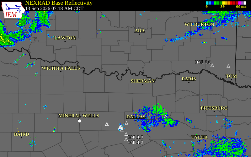 Current NEXRAD radar over Denton County, Texas with recent storm report locations