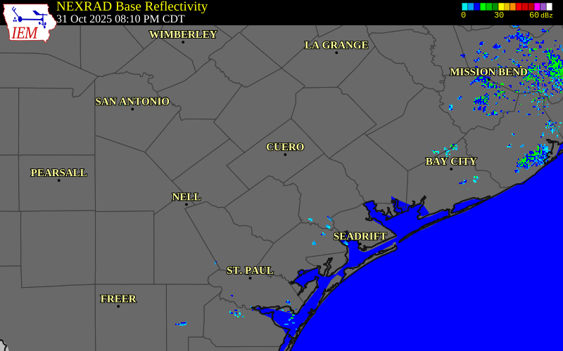 NEXRAD radar during the Friday, October 31, 2025 storm activity in DeWitt County, Texas