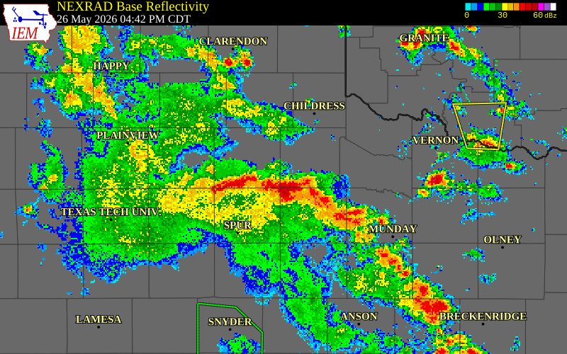NEXRAD radar during the Tuesday, May 26, 2026 storm activity in Dickens County, Texas
