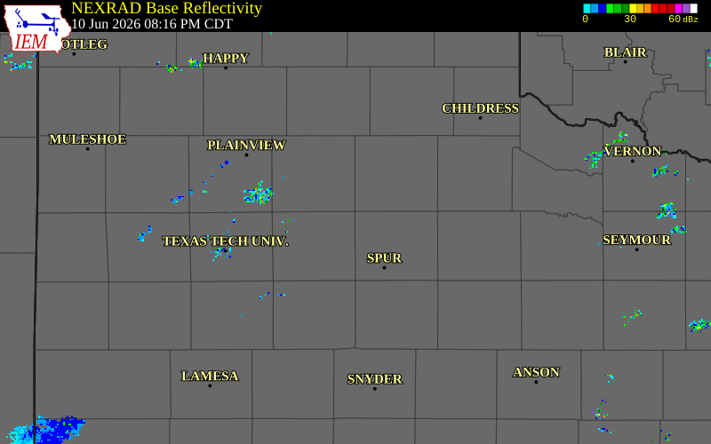 NEXRAD radar during the Wednesday, June 10, 2026 storm activity in Dickens County, Texas