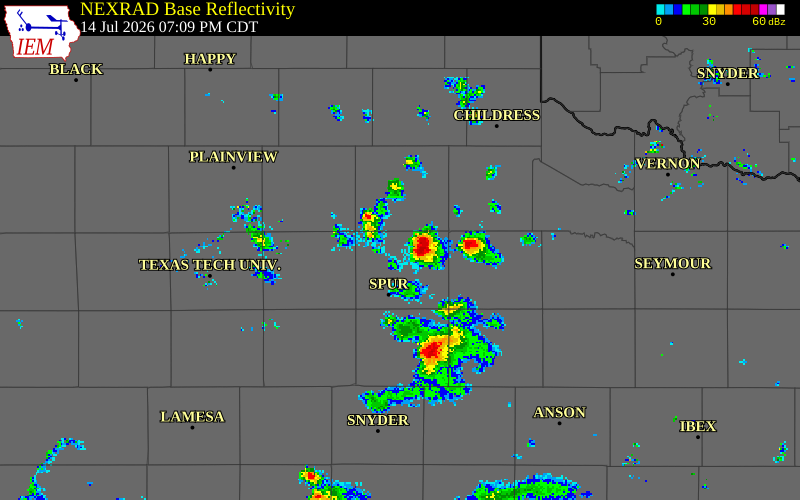 NEXRAD radar during the Tuesday, July 14, 2026 storm activity in Dickens County, Texas