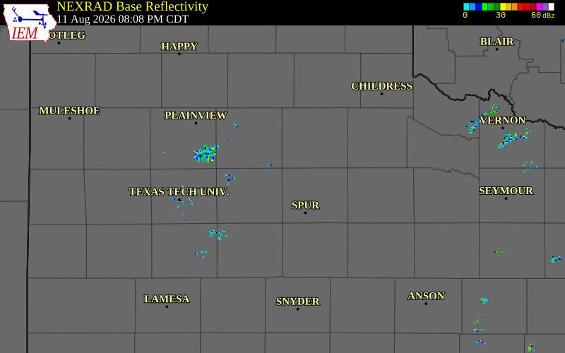 NEXRAD radar during the Tuesday, August 11, 2026 storm activity in Dickens County, Texas