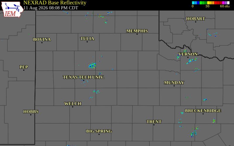 Radar snapshot during the Aug 11, 2026 wind event near 3 NNW Mcadoo, Dickens County, Texas, with NWS warning polygons