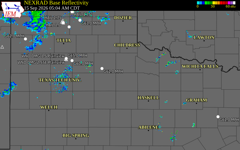 Current NEXRAD radar over Dickens County, Texas with recent storm report locations