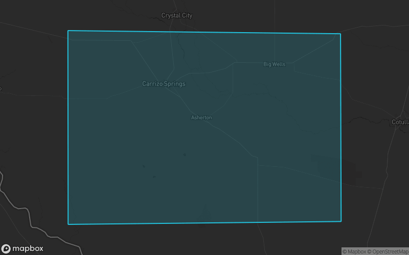 Map of Dimmit County, Texas showing the county boundary and surrounding cities