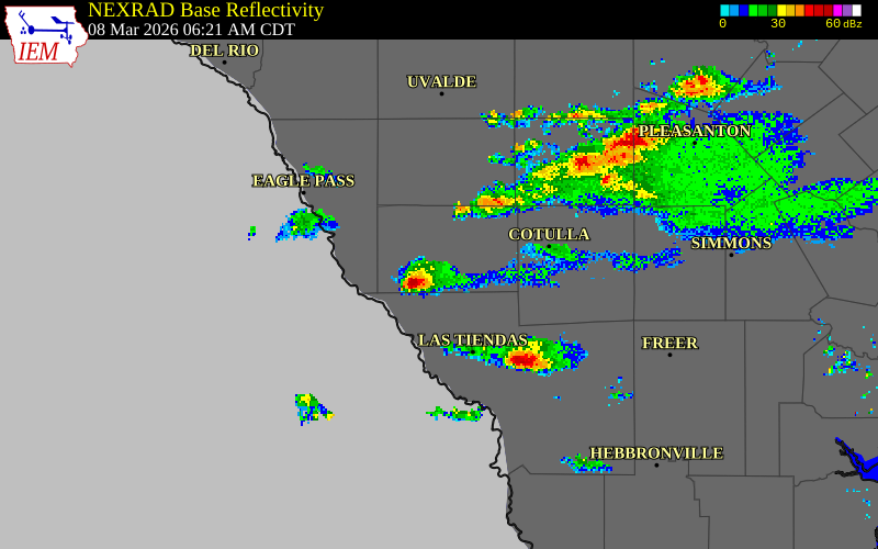 NEXRAD radar during the Sunday, March 8, 2026 storm activity in Dimmit County, Texas